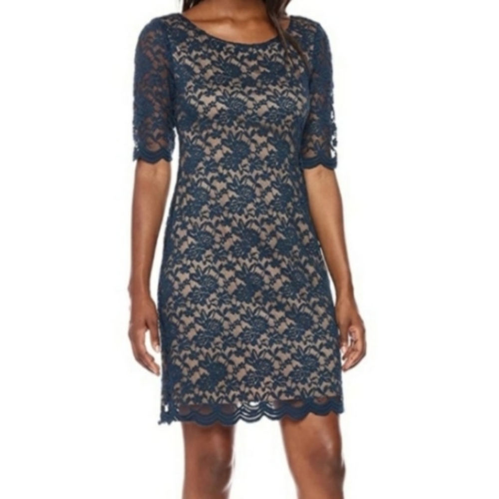 Connected Apparel Elbow Sleeve Sheath Lace Dress